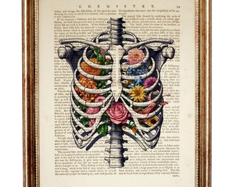 Floral Rib Cage Anatomy Print, Vintage Botanical Skeleton Art, Gothic Home Decor