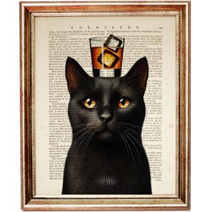 黒猫の壁アート、カクテルを飲んだ猫のヴィンテージ辞書プリント、猫好きへのギフト、カクテル猫の装飾、ゴシックホームの美学、バーカートアート