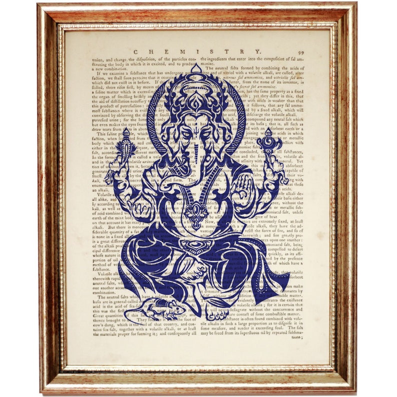 Kobaltblau Ganesh Wanddekor, 4er Set Drucke, Ganesha Wandkunst, Wörterbuch Kunstdruck, Hindu Kunstwerk Hindu Gott Wandbehang Bild 5