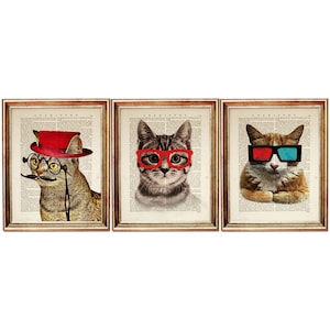 3er Set Prints, Katze mit roter Brille, Wörterbuch Kunstdruck, Katze mit 3D Brille, Katze mit Monokel, Hut, Schnurrbart, Wanddeko
