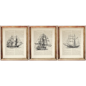 Set of 3 Wall Art, Ship Print, Sailing Ship Dictionary Art Print, Vessel Vintage Poster, Nautical Wall Art, Clipper Ship