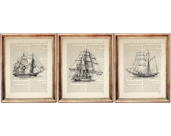 Set of 3 Wall Art, Ship Print, Sailing Ship Dictionary Art Print, Vessel Vintage Poster, Nautical Wall Art, Clipper Ship