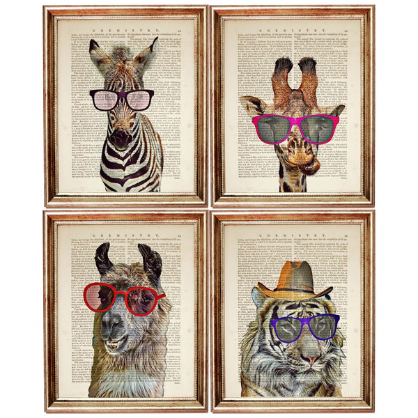 Lot de 4 impressions, décoration de chambre d'animaux safari, zèbre avec des lunettes, impression d'art dictionnaire, girafe suspendue, impression d'art tigre