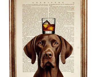 German Shorthaired Pointer Art Print, Dog with Bourbon Glass Dictionary Page
