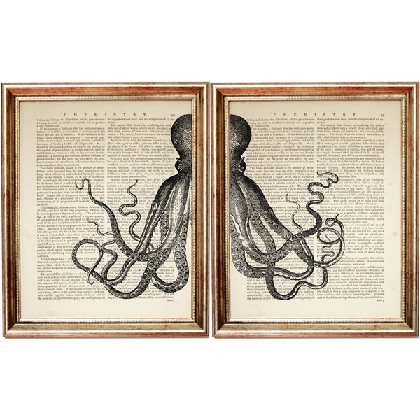 Set of 2 Prints, Octopus Art Print, Octopus Wall Art Decor Set of 2 Sea Life Dictionary Art Print Nautical Poster Underwater