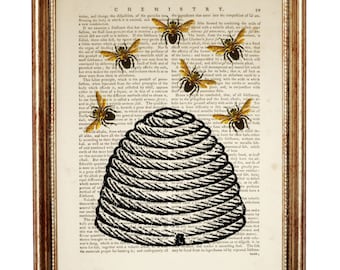 Beehive Dictionary Art Print, Bee Hive Wall Decor, Bumble Bee Wall Hanging Poster, Beehive Artwork, Beehive with Bees Art