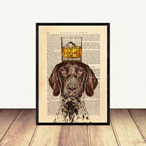 Dog with Bourbon Glass Wall Art, GSP Poster, German Shorthaired Pointer Dictionary Art Print, Funny Animal Portrait Artwork