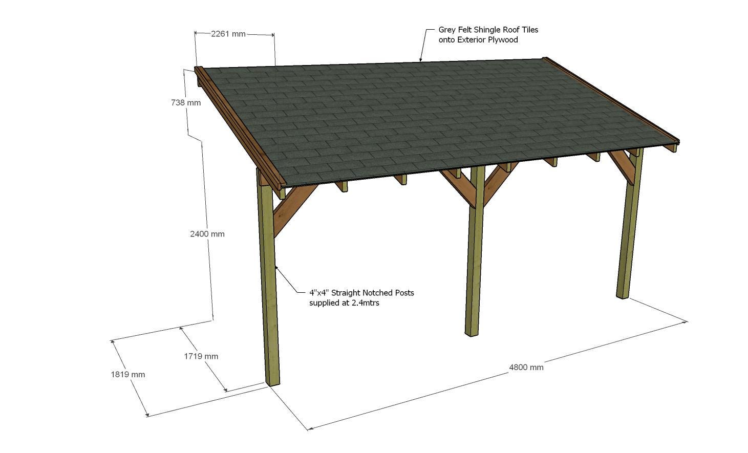 Wooden Lean to Gazebo Canopy 1.81m - Felt Shingle Roof Tiles