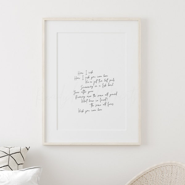 Wish You Were Here Pink Floyd lyrics printable, Pink Floyd lyrics poster, instant download file, Wish You Were Here lyrics bedroom decor