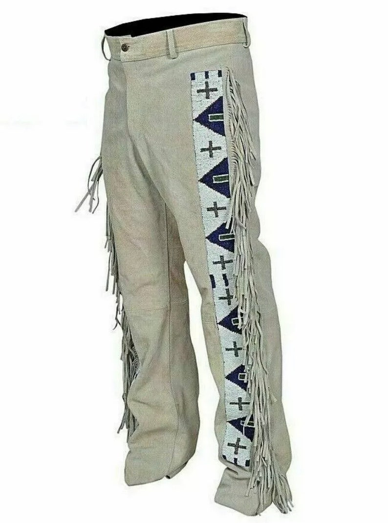 Men/'s Native American Buckskin Suede Leather Pant Fringes Long Beads Reenactment