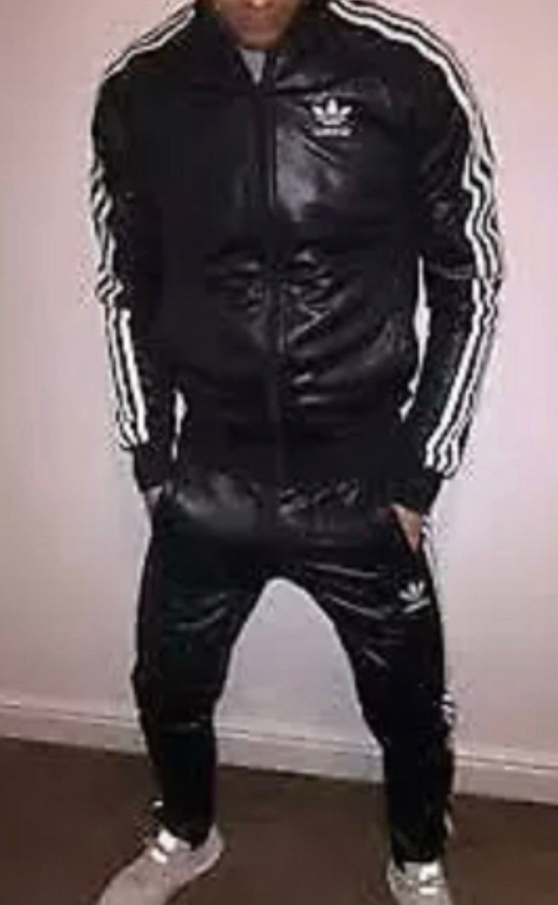 Men\u2019s Leather LambSkin Leather Black Tracksuit withThree White Stripe Jogging Touser and Jacket