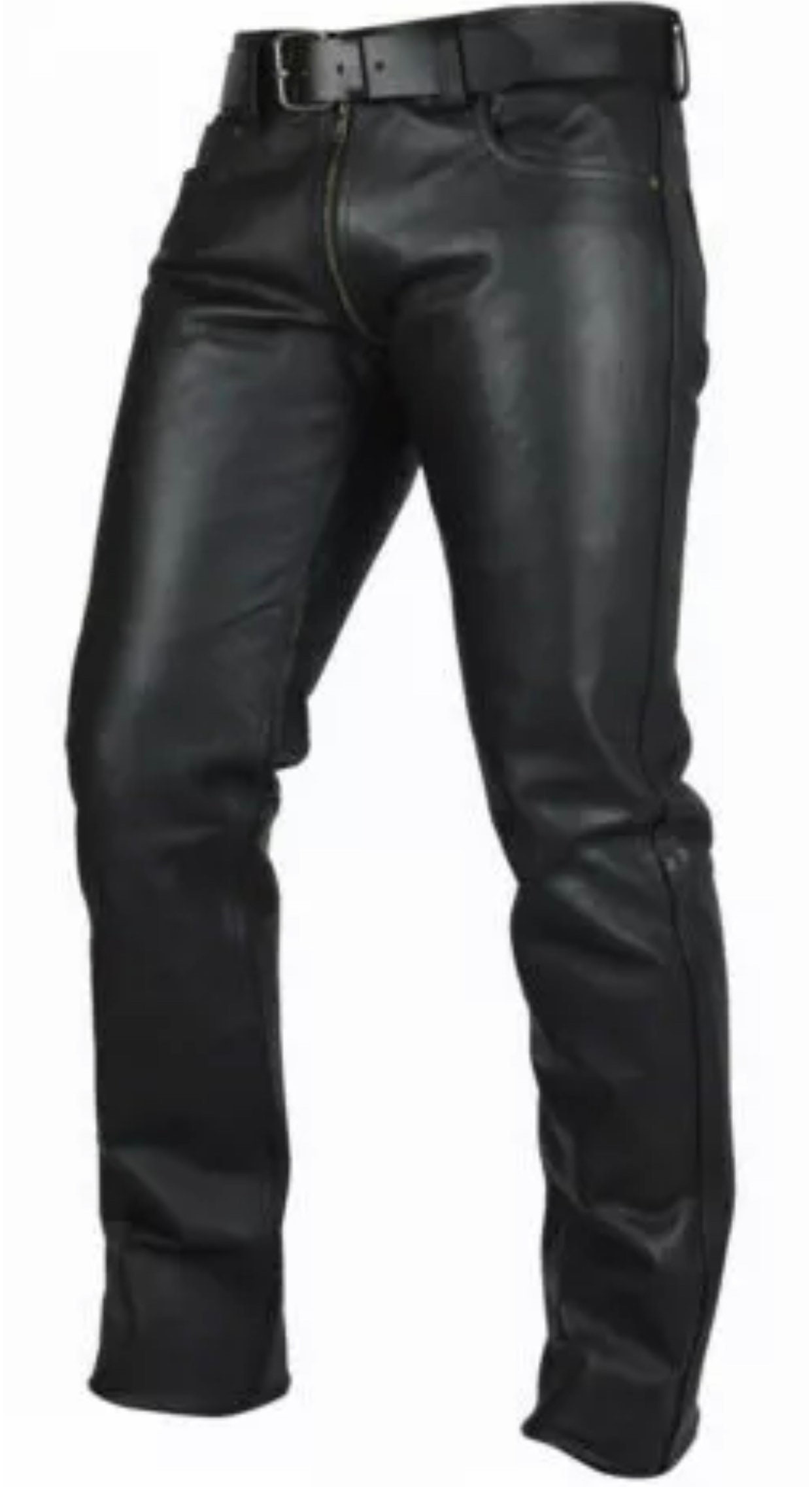 Mens Cowhide Leather Pants Cropped Biker Pants White Stripe