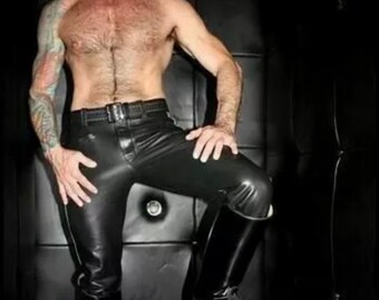 Mens Real Cowhide Leather Bluf Lederhosen Cargo Pant Trousers Black Cuir