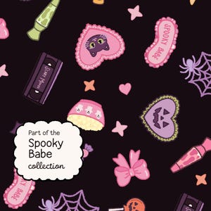 May include: A black fabric pattern featuring pink heart-shaped frames with black cats, purple spider webs, pink bows, VHS tapes labeled Scary Movies, and a white scalloped label with the text Part of the Spooky Babe collection.