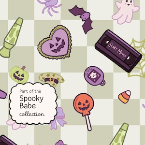 May include: A repeating pattern on a light green and white checkered background featuring illustrations of purple spiders, bats, ghosts, bows, lava lamps, jack-o'-lanterns, a VHS tape labeled Scary Movies, a digital pet, and candy corn.