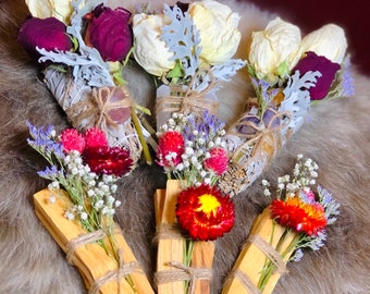 Sage and Palo Santo Flower Bundles, Dried Flowers, Crystals, Meditation