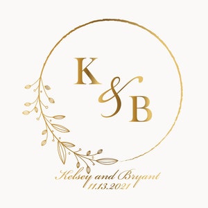 May include: Gold wedding monogram with a floral wreath and the initials K & B. The text below reads "Kelsey and Bryant 11.13.2021".