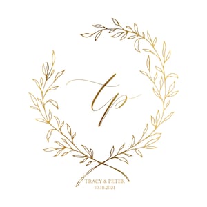 Puede incluir: Iniciales de caligrafía dorada "T & P" en una corona de hojas doradas. El texto "Tracy & Peter 10.10.2021" está debajo de la corona.