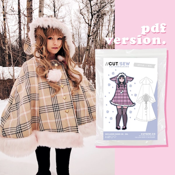 Débutant PDF Bunny Cape Cape Kawaii Street Fashion Couture Pattern XS-3XL Plus Size | Motif numérique