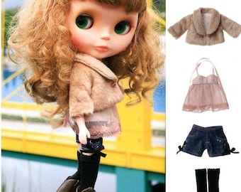 Blythe Doll Short Fur Jacket, Halterneck Tunic, Shorts, & Over Knee Socks set pdf E PATTERN in Japanese and Pieces Titles in English