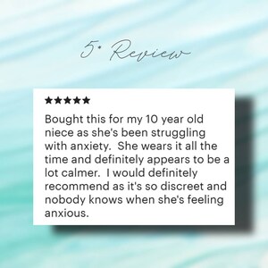 May include: Five star review for a product that helps with anxiety. The review states that the product is discreet and helps the reviewer's niece feel calmer.