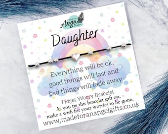 May include: A black cord bracelet with silver beads and a heart charm, presented on a card with a rainbow and the word "Daughter." The card includes the text "Everything will be ok" and "Fidget Worry Bracelet."