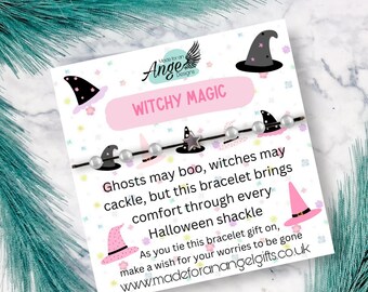 May include: A Halloween-themed bracelet with a card that reads "Witchy Magic." The card features illustrations of witch hats and text. The bracelet has a black string with small beads and witch hat charms.