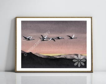 Flying Geese Art Print, Geese Picture, Migrating Geese Print, Mountain Sunrise Wall Art, Geese Art Print, Bird Picture, Flying Geese Print