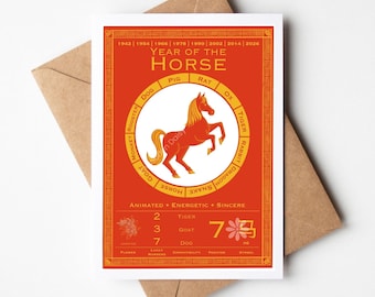 Year of the Horse: Chinese Zodiac Card with Kraft Envelope, perfect for birthdays or Lunar New Year