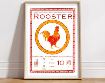 Year of the Rooster Art Print, Chinese Zodiac Wall Art, Lunar New Year Gift
