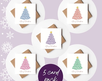 May include: A pack of five Christmas cards, each featuring a stylized Christmas tree design in blue, coral, purple, pink, and green. Each card has a gold star and the words "Merry Christmas". The cards are on white circles with brown envelopes.