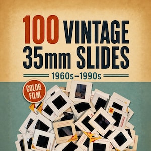 May include: A collection of 100 vintage 35mm slides from the 1960s to 1990s, featuring color film. The image displays a pile of square white plastic slide mounts with black film centers, some marked with Kodak branding, against a two-tone background.