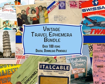 Printable Vintage Travel Ephemera Bundle - Over 100+ Travel Items, Travel Journal, Retro Images, Scrapbook, Collage, Digital Download