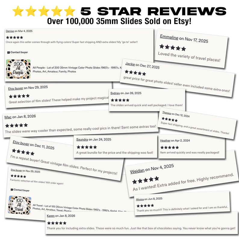 Vintage photography slide reviews from Alpinevintagemarket customers, with over 100,000 slides sold on Etsy