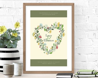 Heart and flowers wedding date print