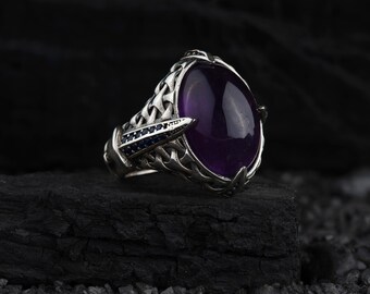 ハンドメイド925Kスターリングシルバーメンズリング：アメジスト