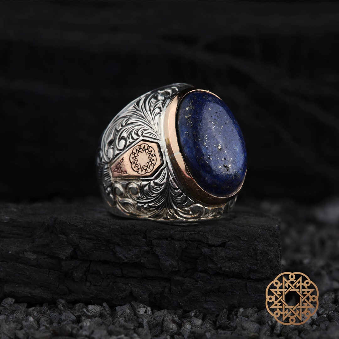 Solid 925 Sterling Silver Men Ring with Raw Dished Oval Blue Lapis Lazuli  Stone Ring Handmade Art Deco Ring Real Gemstone Ring