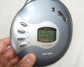Leitor de CD vintage azul, funcionando, iRiver Chromex iMP-150, CD/MP3, reprodutor retrô, compacto, item de colecionador, dispositivo de estilo
