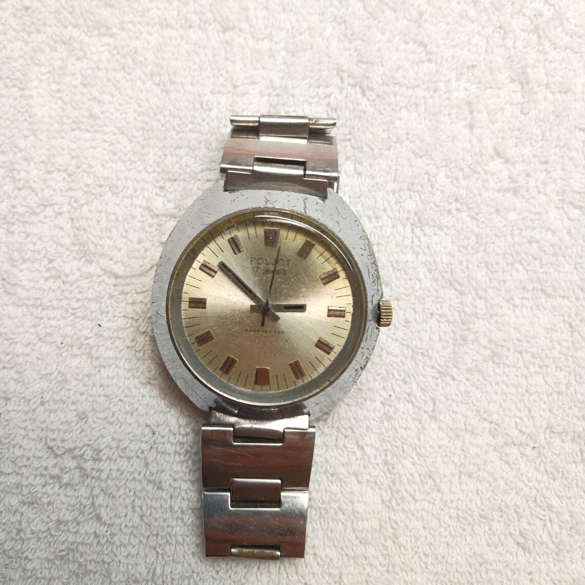 Vintage Soviet Men's Watch Poljot 17 Jewels Made in USSR, Retro Gold Dial Mechanical Wristwatch 1970s, Collectible USSR Watch, foto 2 di 5