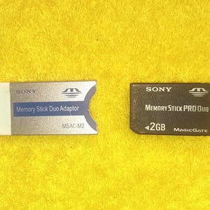 May include: Two Sony memory storage devices on a yellow background. One is a silver Memory Stick Duo Adaptor, and the other is a black Memory Stick Pro Duo with 2GB of storage. Both have the Sony logo.