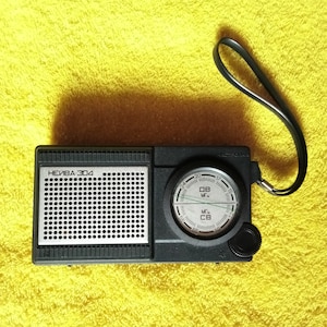 May include: A black and silver portable radio with a dial and a carrying strap. The radio is labeled "НЕЙВА-304".