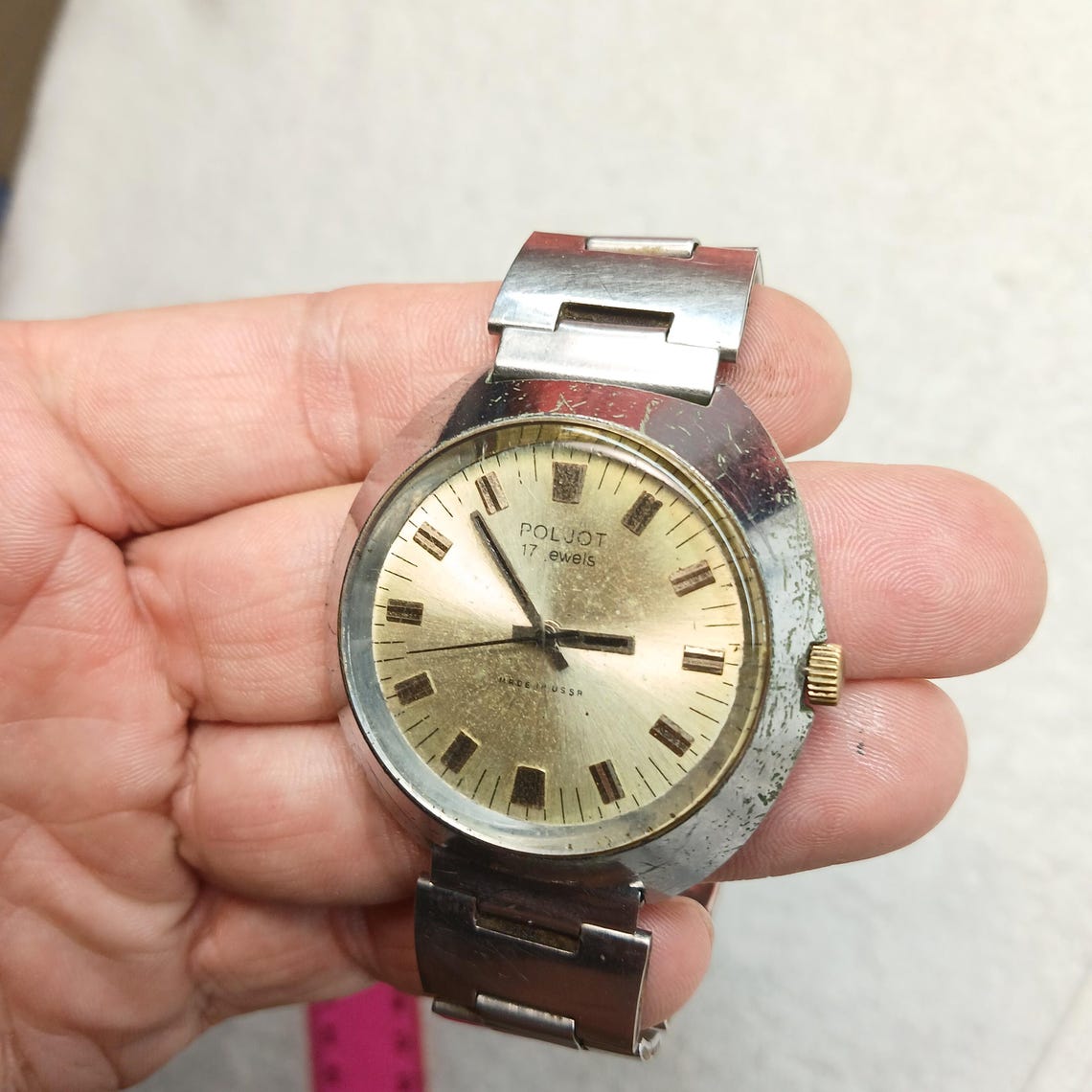 Vintage Soviet Men's Watch Poljot 17 Jewels Made in USSR, Retro Gold Dial Mechanical Wristwatch 1970s, Collectible USSR Watch, foto 1 di 5
