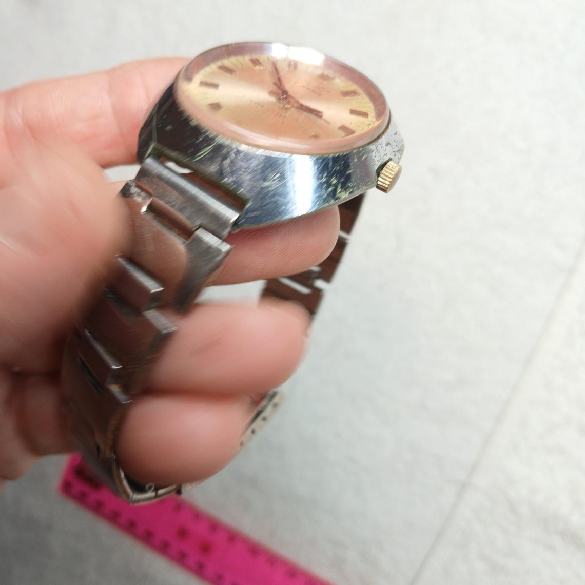 Vintage Soviet Men's Watch Poljot 17 Jewels Made in USSR, Retro Gold Dial Mechanical Wristwatch 1970s, Collectible USSR Watch, foto 4 di 5