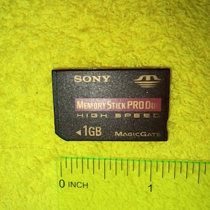 May include: A black Sony Memory Stick PRO Duo High Speed 1GB memory card. The card has white text that reads "Memory Stick PRO Duo", "High Speed", "1GB", and "MagicGate". A ruler is next to the memory card.