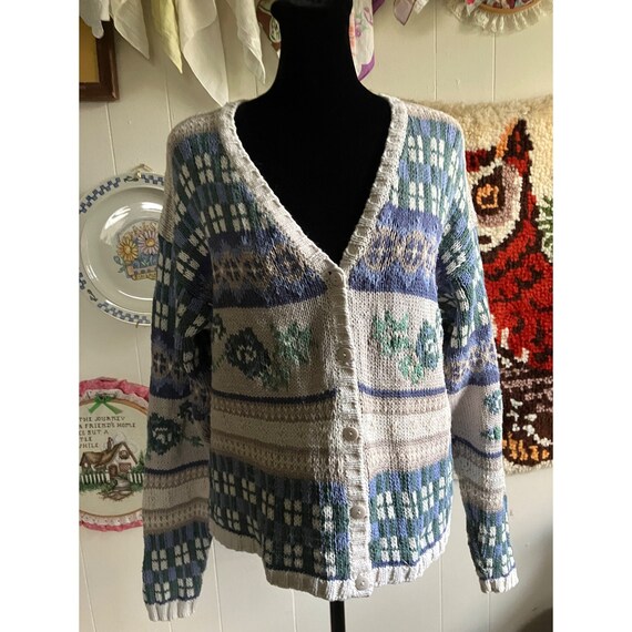 90's vintage geometric and floral patterned knit … - image 1