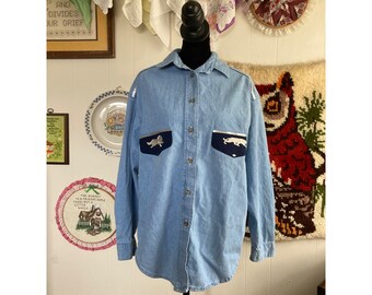 90's VTG funky lion & lioness denim chambray faux pocket button down