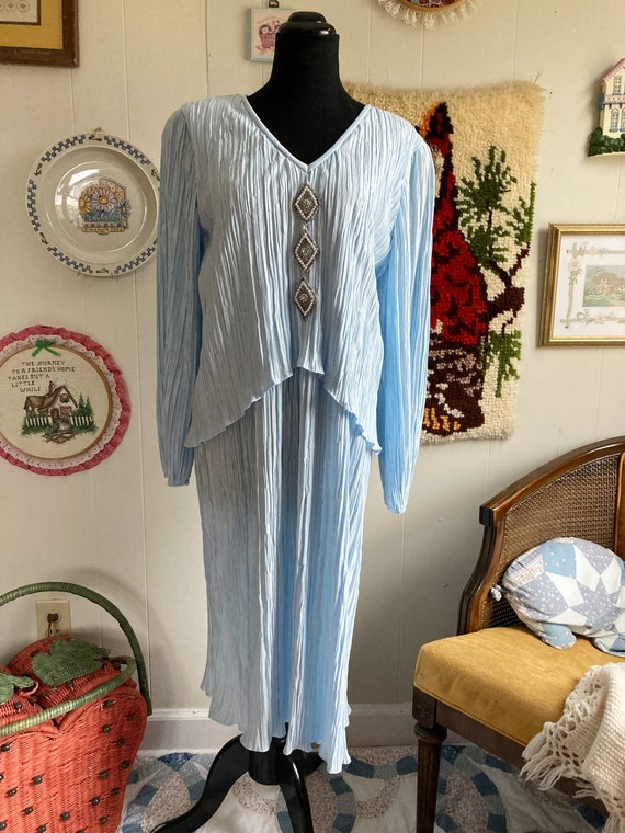 80's pleated pastel bejeweled blue shift dress - image 5