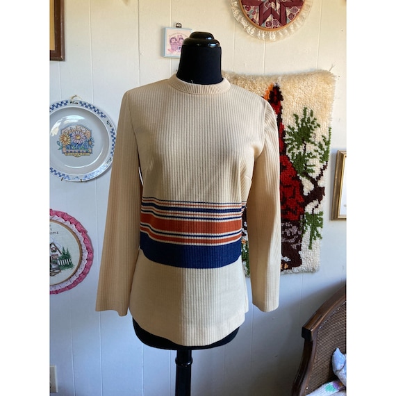 70's vintage high neck striped ribbed long sleeve… - image 1