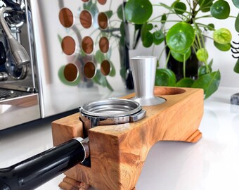Hand Crafted Vertical Tamping Station for 58mm Portafilters | Natural Cherry Wood