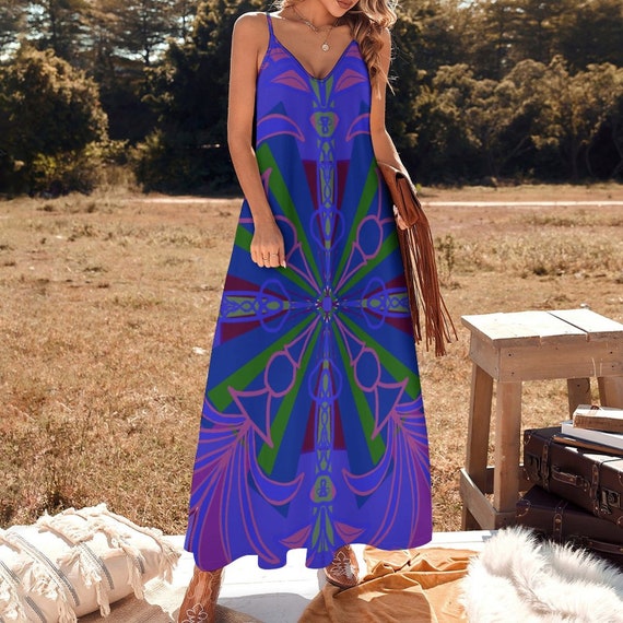 green emerald velvet dress Roberto Cavalli Electric Blue V Neck Kaleidoscope Pattern Long Dress